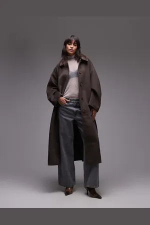 Topshop Belted long line formal coat in brown
