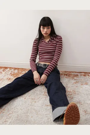 Reclaimed Long sleeve button up polo in burgundy stripe