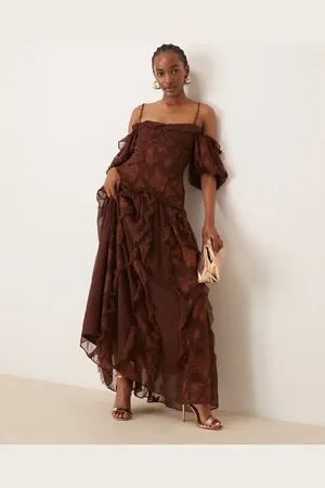 ASOS Bardot puff sleeve midi dress with dropped hem in floral jacquard in deep rust