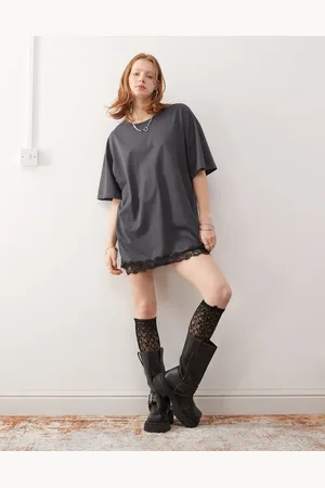 Noisy May Oversize t-shirt dress with lace trim in charcoal