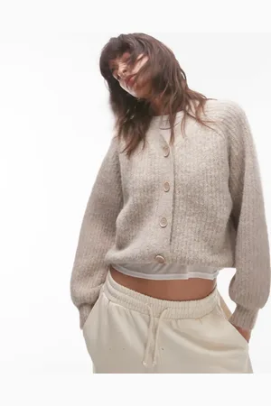 Topshop Knitted high v-neck fluffy cardigan in oat