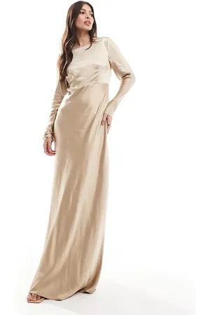 Six Stories Bridesmaids long sleeve cowl back satin maxi dress in gold