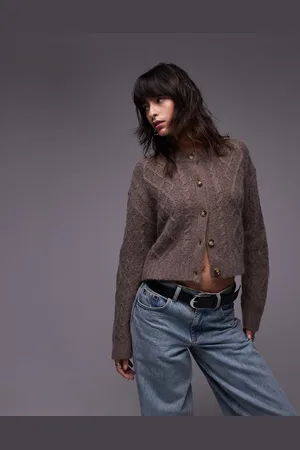 Topshop Premium cashmere cable cardi in oat
