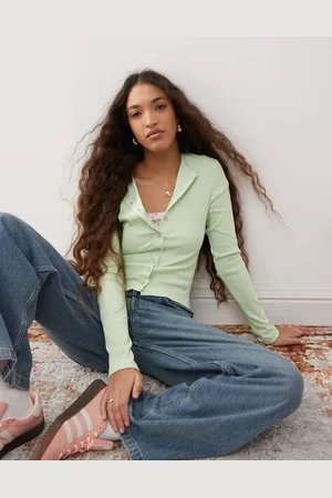 Miss Selfridge Button through rib crew neck cardigan in matcha