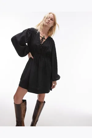Topshop Tie front long sleeve mini dress in washed