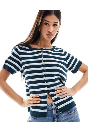 ASOS Knitted short sleeve cardigan in navy retro stripe