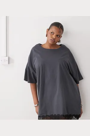 Noisy May Oversize t-shirt dress with lace trim in charcoal