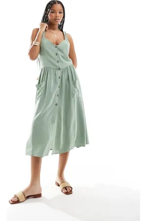 ASOS Linen natural button through midi dress with pockets in khaki
