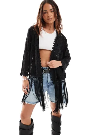 Miss Selfridge Festival embellished cutwork fringe kimono jacket in