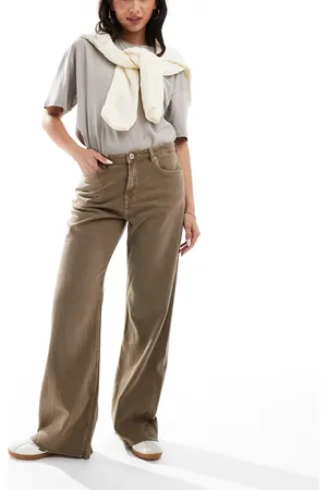 Pull&Bear Wide leg jeans in washed khaki