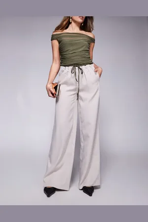 Kaiia Drawstring contrast waistband wide leg trousers in stone