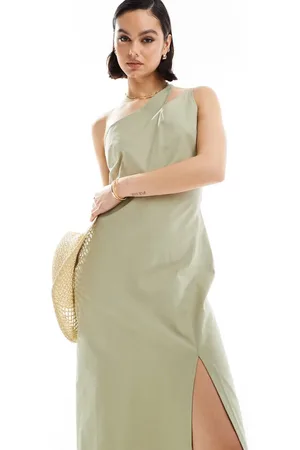 ASOS One shoulder split strap linen midi sundress in sage