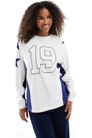 Pull&Bear Oversized sporty print long sleeve t-shirt in ecru