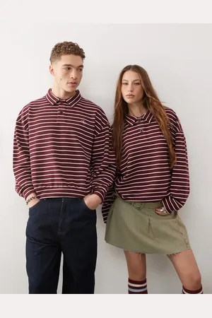 Reclaimed Unisex polo sweatshirt in burgundy stripe