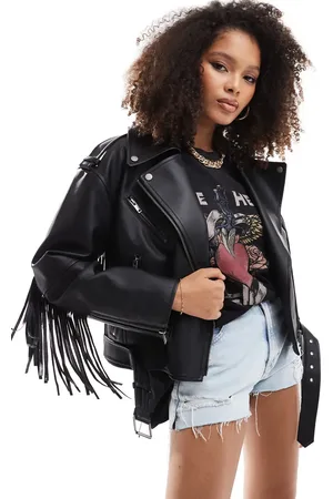 Stradivarius Faux leather tassle detail biker jacket in