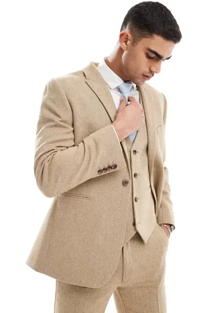 ASOS Wedding slim wool mix suit jacket in beige basketweave texture