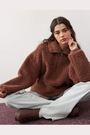 Miss Selfridge Borg half zip top in chocolate