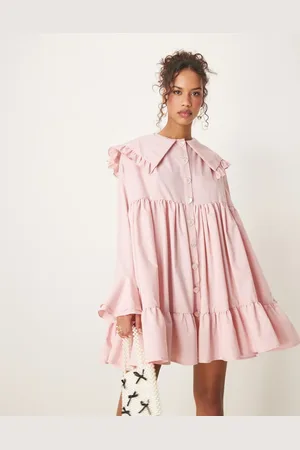 Sister Jane Oversized collar frill mini dress with heart button detail in light