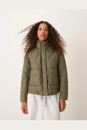 Pimkie Quilted high neck drawstring jacket in khaki