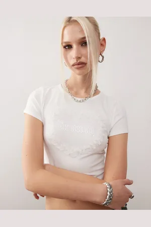 Monki Shrunken fit top with frill heart graphic in