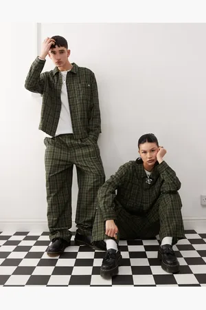 Reclaimed Unisex wide leg trouser with white stripe in green check