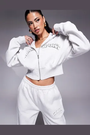 Kaiia Embroidered borg logo cropped zip through hoodie co-ord in light marl and white