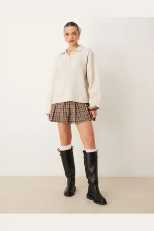 Gina Tricot Knitted button polo collar long sleeve top in stone