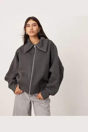 ASOS Premium heavy weight zip through extreme collar sweatshirt in charcoal