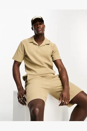 Only & Sons Ribbed oversized polo co-ord in beige