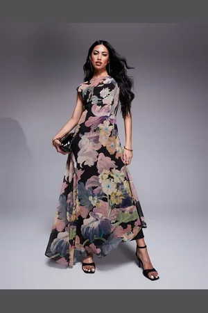 ASOS Slash neck waisted maxi dress in blown up floral