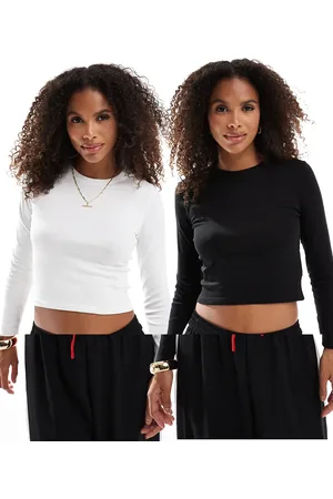 Pull&Bear 2 pack long sleeved t-shirt in black & white
