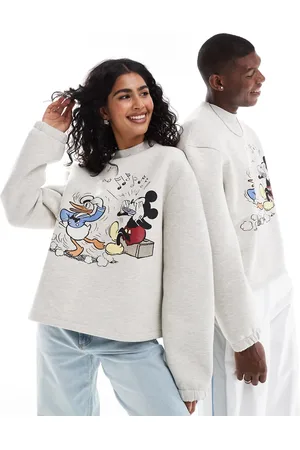 ASOS Disney unisex boxy oversized scuba sweatshirt with Mickey Mouse and Donald Duck print in grey marl