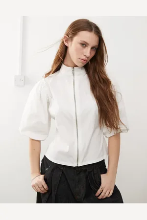 COLLUSION Bubble sleeve top with zip detail in white