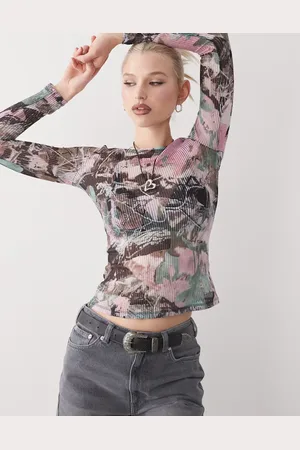 Monki Long sleeve sheer ribbed top in camo print
