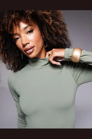 ASOS Premium sculpting high neck long sleeve bodysuit in khaki - KHAKI