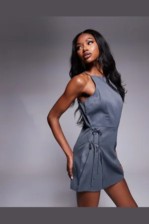 Missyempire High neck wrap tie side detail skort playsuit in charcoal