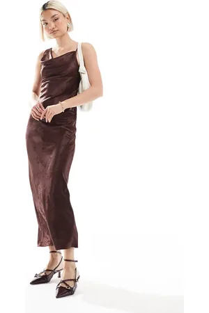 Miss Selfridge Cowl neck satin midi slip dress in chocolate