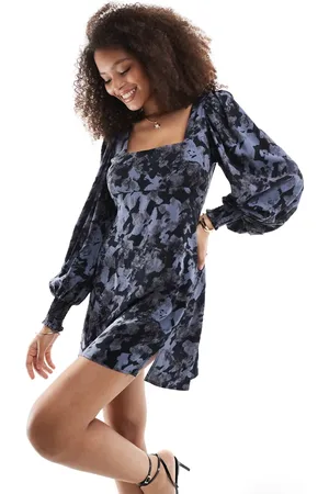 ASOS Square neck blouson sleeve mini dress in black and blue floral print