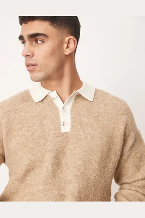 ASOS Knitted relaxed rugby textured polo in brown - STONE