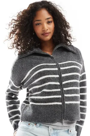 Pimkie Roll neck zip through wool cardigan in charcoal stripe