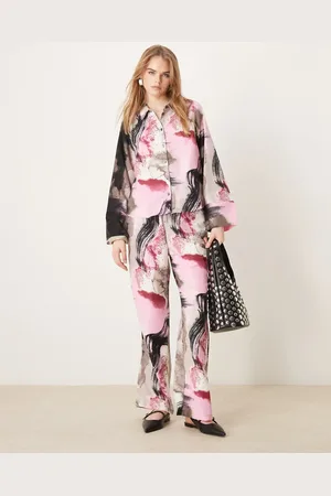 VILA Satin wide leg trouser co-ord in pink abstract print