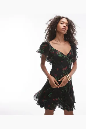 Topshop Flutter sleeve mini tea dress in rose print