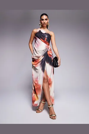 ASOS One shoulder draped midaxi dress with split in abstract floral print