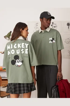 ASOS Disney unisex boxy oversized drop shoulder polo t-shirt with Mickey Mouse prints in