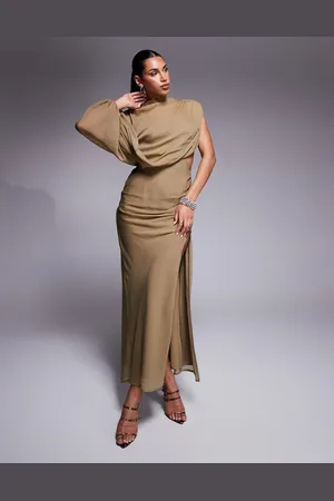 ASOS High neck draped bodice asymmetric maxi dress with cut out in taupe