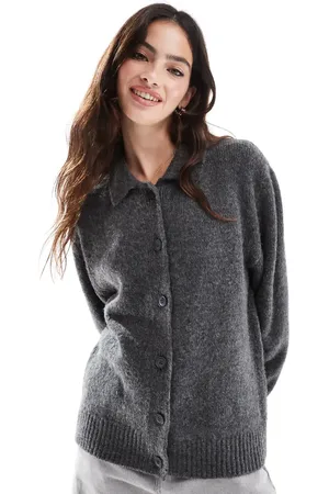 ASOS Fluffy wool blend knitted collar cardigan in charcoal