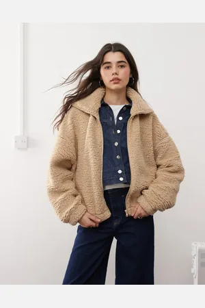 Miss Selfridge Borg zip through long sleeve top in light camel