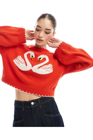 Miss Selfridge Blanket stitch swan heart jumper in