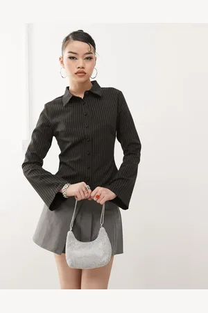 Princess Polly Fitted flare sleeve shirt in charcoal pinstripe