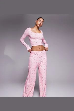 Kaiia Exclusive wide leg pyjama bottoms co-ord in pink bow print
